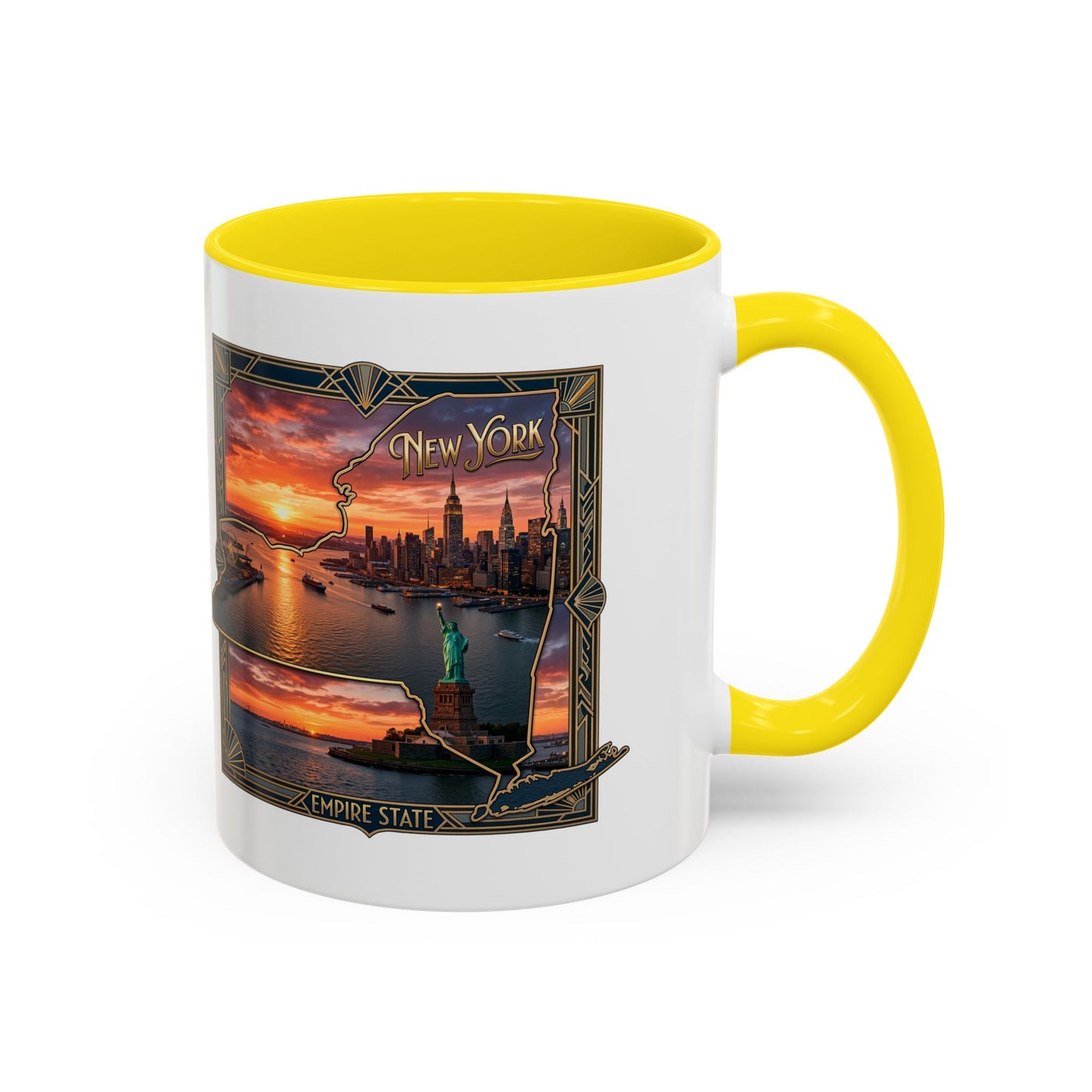 New York Skyline Accent Coffee Mug — Empire State Sunset Scene (11/15oz)