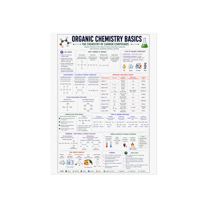 Organic Chemistry Basics Poster – Fine Art Educational Print (Reaction Types, Functional Groups, Nomenclature)
