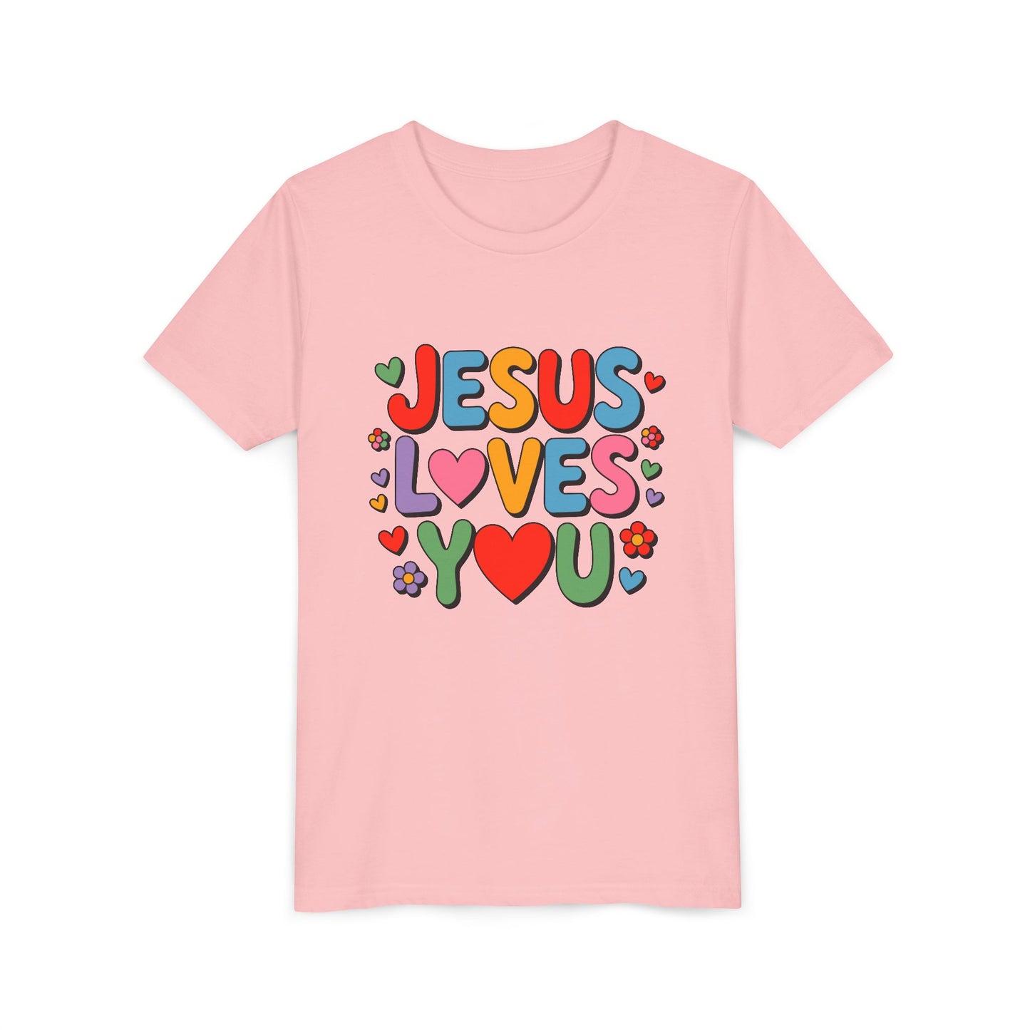 Youth Tee - "Jesus Loves You" Colorful Heart & Flower Christian Shirt