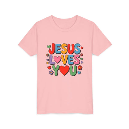 Youth Tee - "Jesus Loves You" Colorful Heart & Flower Christian Shirt