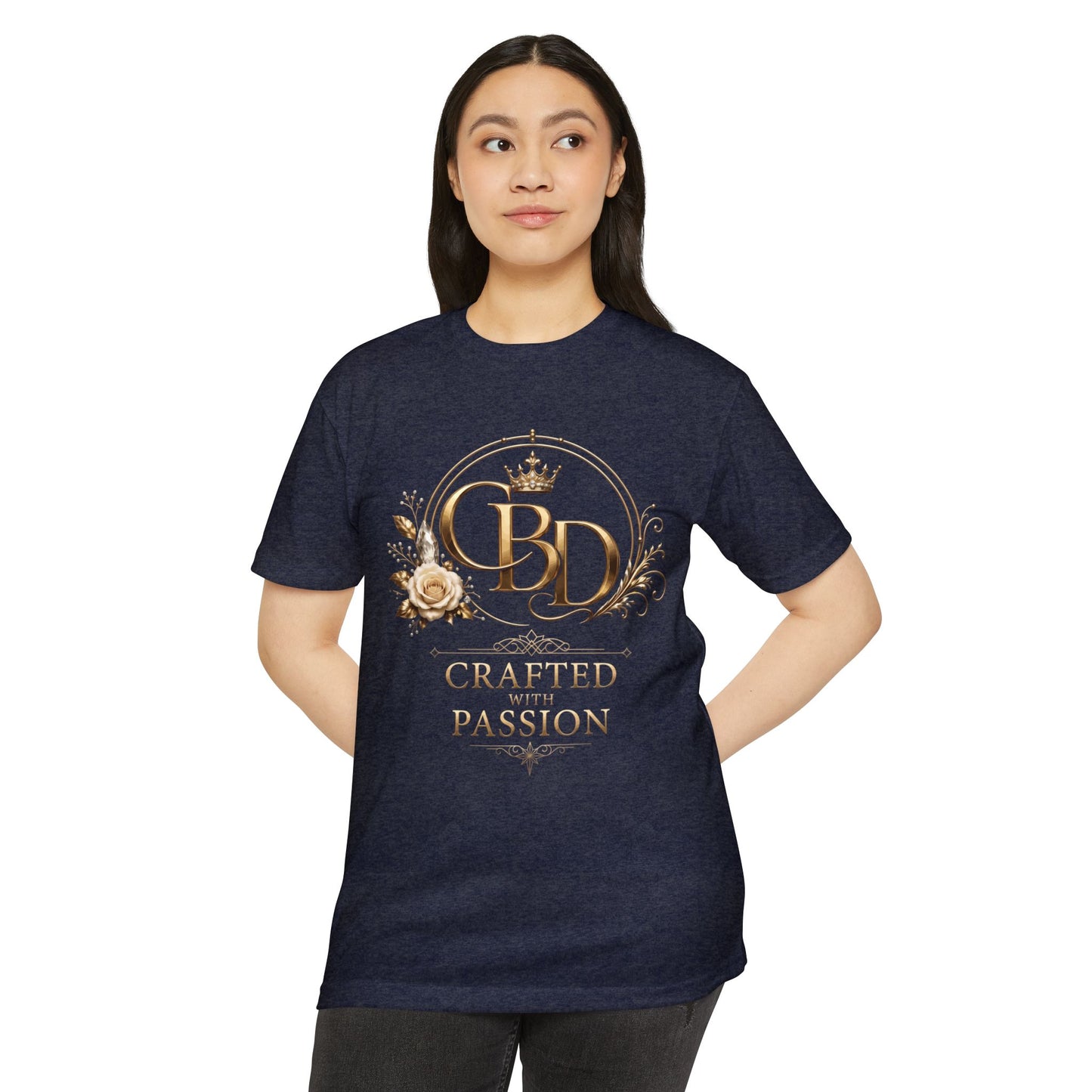T-Shirt — CBD “Crafted with Passion” Gold Floral Crest