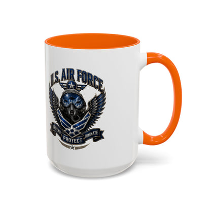 U.S. Air Force Emblem Accent Coffee Mug — Defend Protect Dominate (11/15oz)