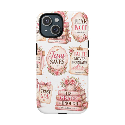 Christian Faith iPhone Tough Magnetic Case — 'Jesus Saves' Floral Scripture Design (Fear Not, Faith Moves Mountains)