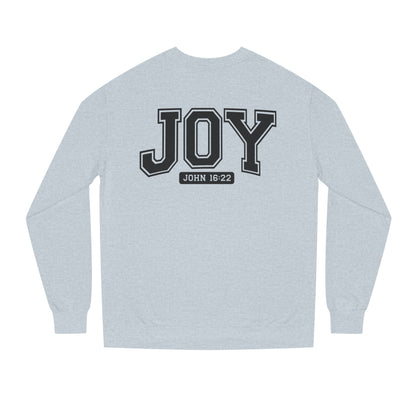 JOY Crewneck Sweatshirt — Bold Collegiate Faith Design (John 16:22)