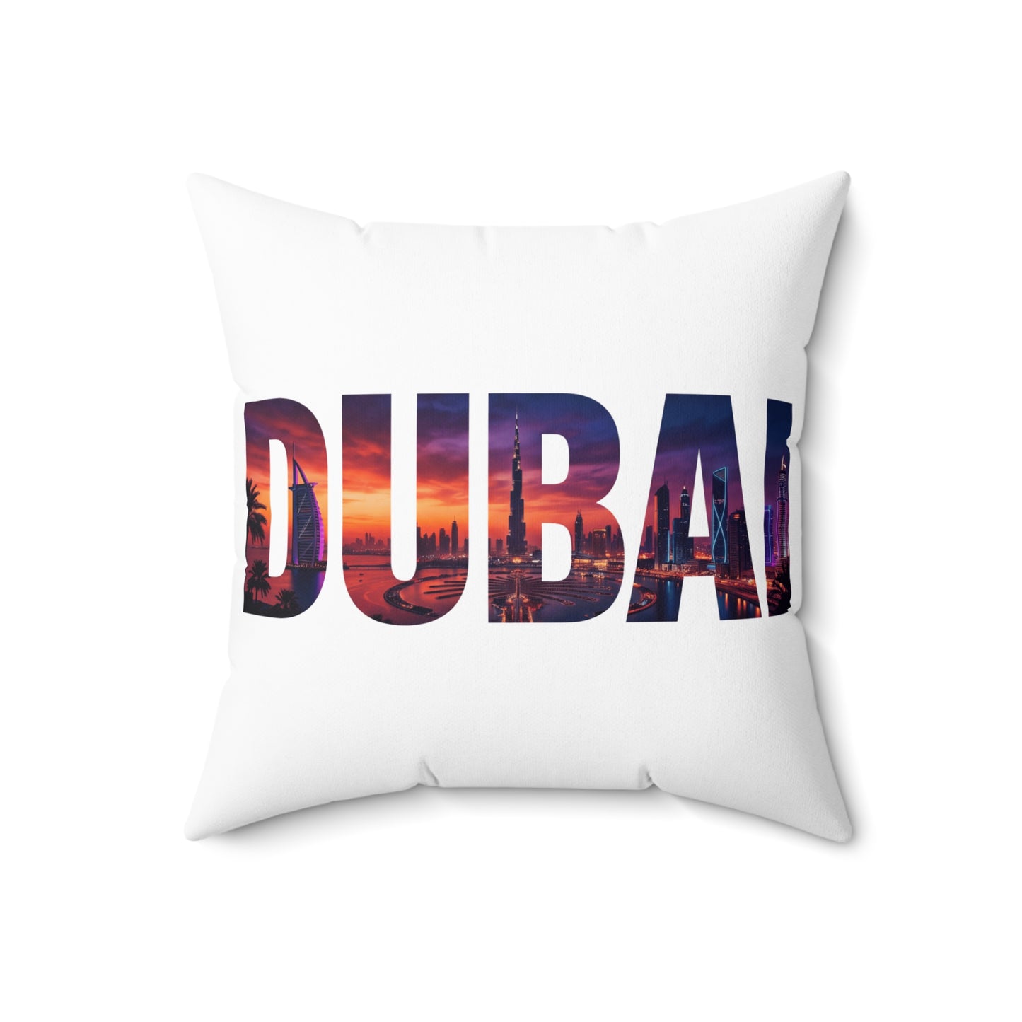 Dubai Skyline Photo-Text Throw Pillow — Travel Souvenir Decorative Cushion