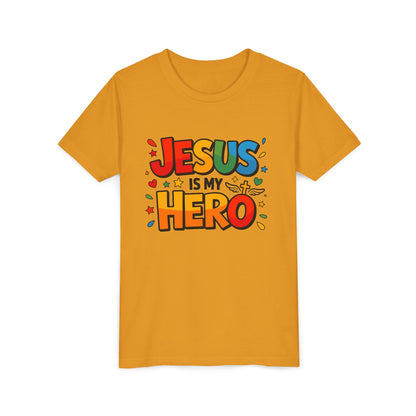 Youth Tee — "Jesus Is My Hero" Colorful Kids Christian T-Shirt
