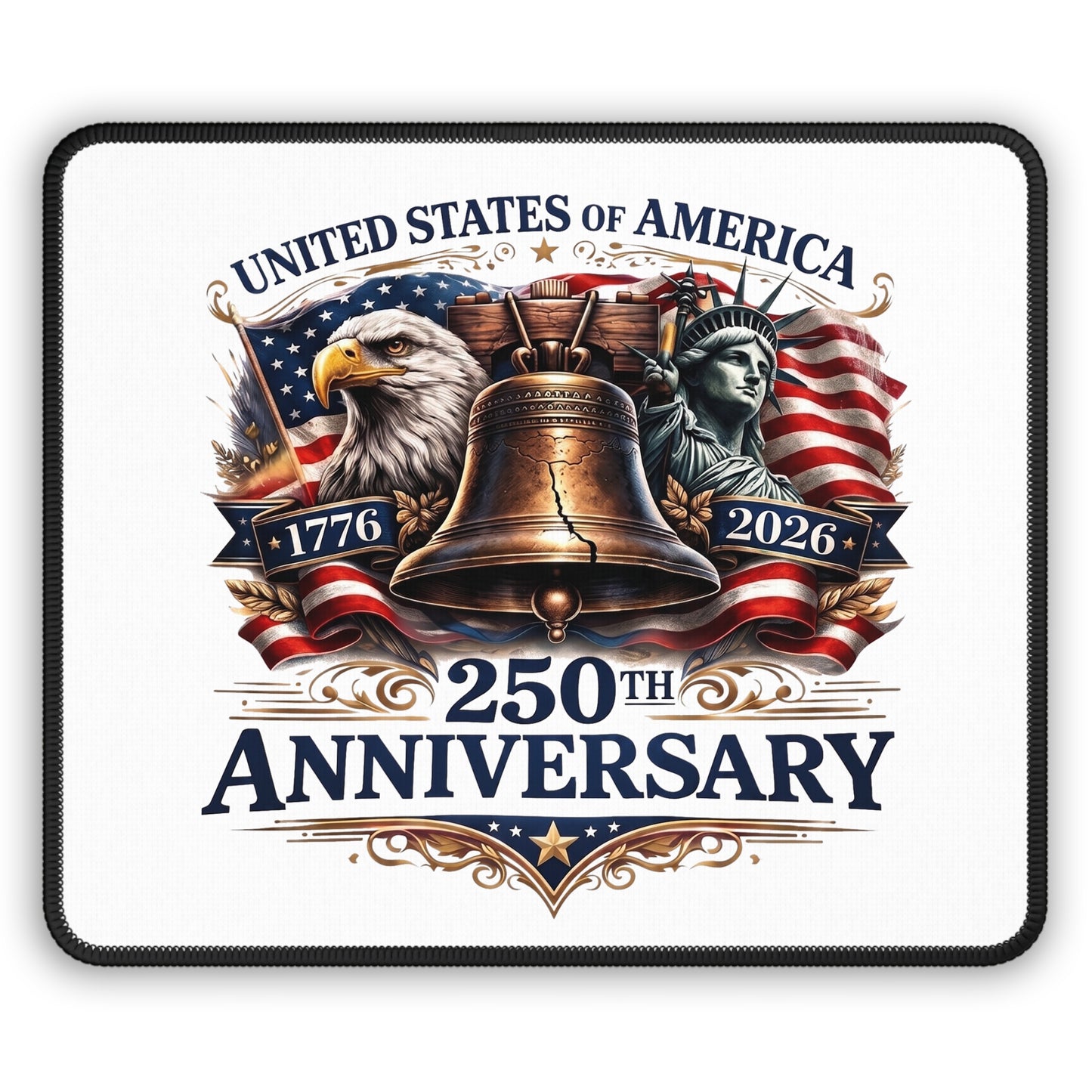 250th Anniversary Gaming Mouse Pad — USA Liberty Bell, Eagle & Statue of Liberty Patriotic Desk Mat (1776–2026)