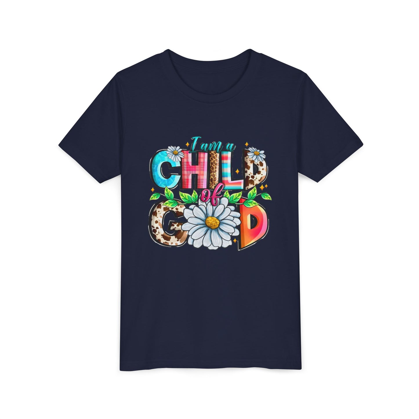 Youth Tee — "I Am a Child of God" Floral Christian Graphic
