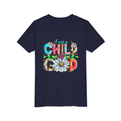 Youth Tee — "I Am a Child of God" Floral Christian Graphic