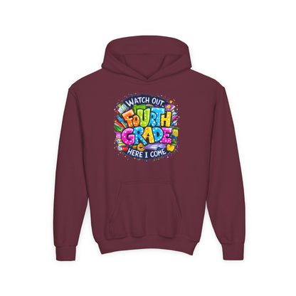 Fourth Grade Hoodie - "Watch Out Fourth Grade Here I Come" Colorful Back-to-School Kids Sweatshirt