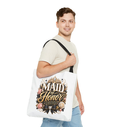 Maid of Honor Tote Bag — Elegant Bridal Party Gift with Gold Crown Floral Design