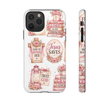 Christian Phone Case — Jesus Saves Floral Tough Case with 'God Is Within Her' & 'Trust God' Design