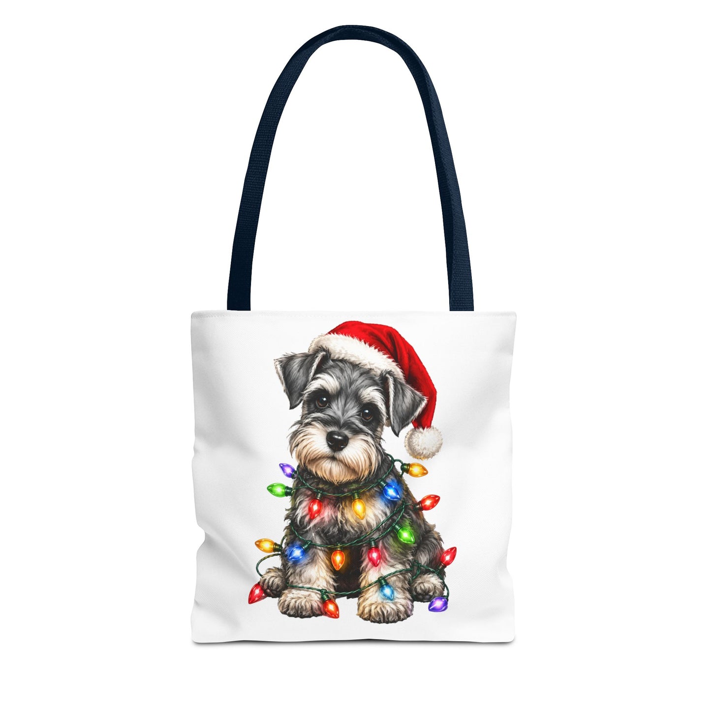 Christmas Schnauzer Tote Bag — Cute Puppy with Santa Hat & Holiday Lights