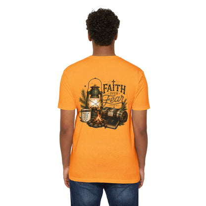 Faith Over Fear T-Shirt — Christian Camping Lantern & Bible Graphic