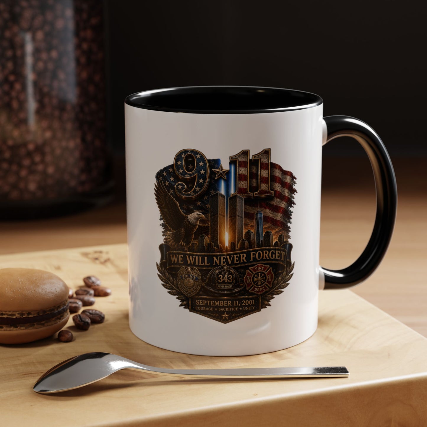 We Will Never Forget 9/11 Memorial Coffee Mug — Patriotic Tribute Accent Mug
