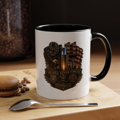 We Will Never Forget 9/11 Memorial Coffee Mug — Patriotic Tribute Accent Mug