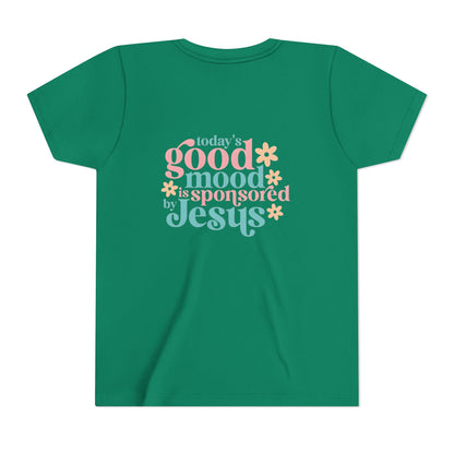 Youth Tee – "Today's Good Mood is Sponsored by Jesus" Retro Floral Christian Shirt
