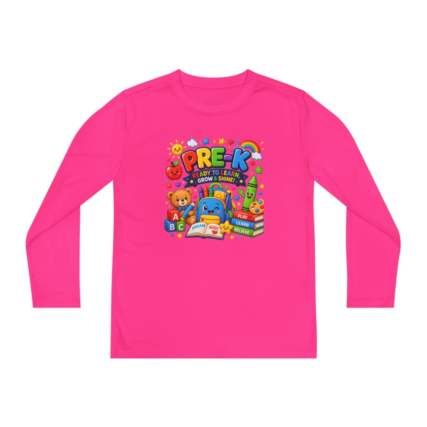 PRE-K Kids Long Sleeve Tee — Back-to-School Preschool Shirt ("Ready to Learn, Grow & Shine")