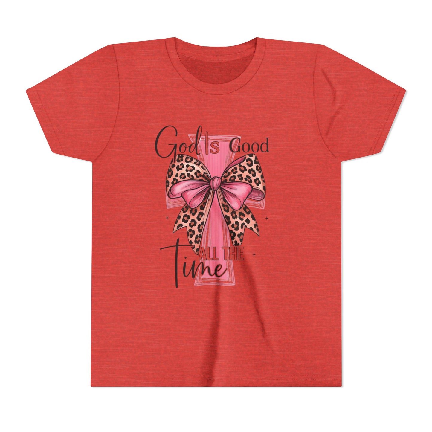Youth Tee — "God is Good All the Time" Pink Cross with Leopard Bow