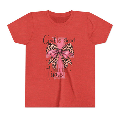 Youth Tee — "God is Good All the Time" Pink Cross with Leopard Bow