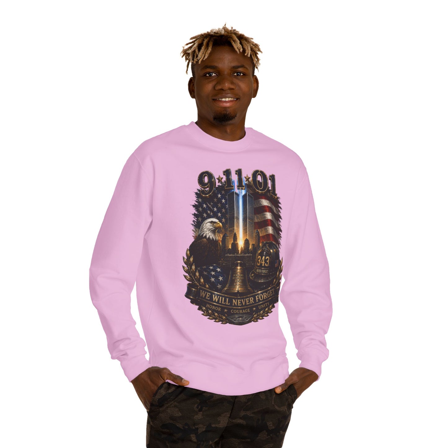 9/11 Remembrance Crewneck Sweatshirt — We Will Never Forget Memorial Tee