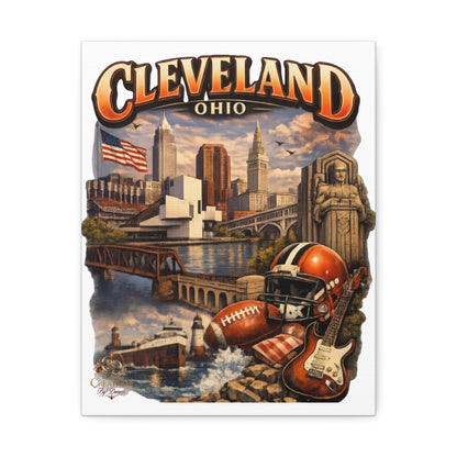 Cleveland Ohio Vintage Collage Stretched Canvas — Rock & Football City Skyline Wall Art