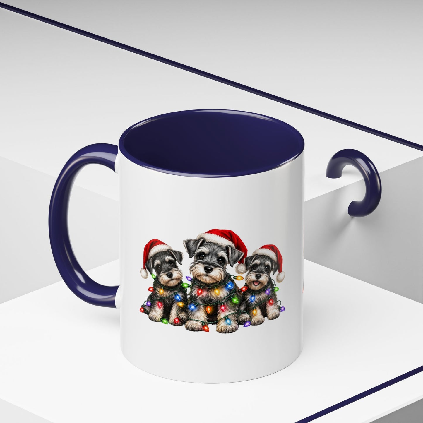 Christmas Puppy Coffee Mug — Cute Schnauzer Trio with Santa Hats & Holiday Lights (11/15oz)