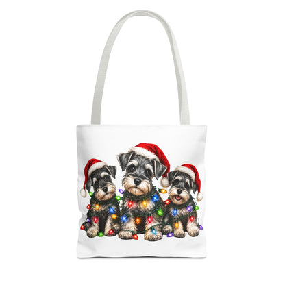 Christmas Schnauzer Tote Bag — Cute Puppies in Santa Hats & Holiday Lights