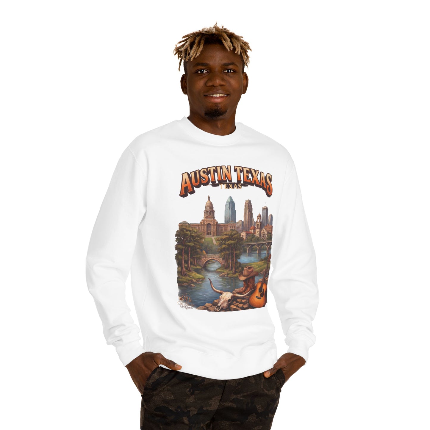 Austin Texas Sweatshirt — Vintage Cityscape & Guitar Crewneck