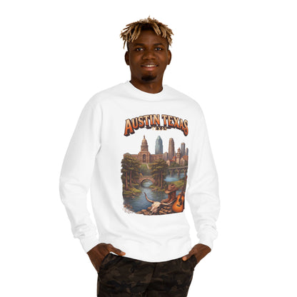 Austin Texas Sweatshirt — Vintage Cityscape & Guitar Crewneck