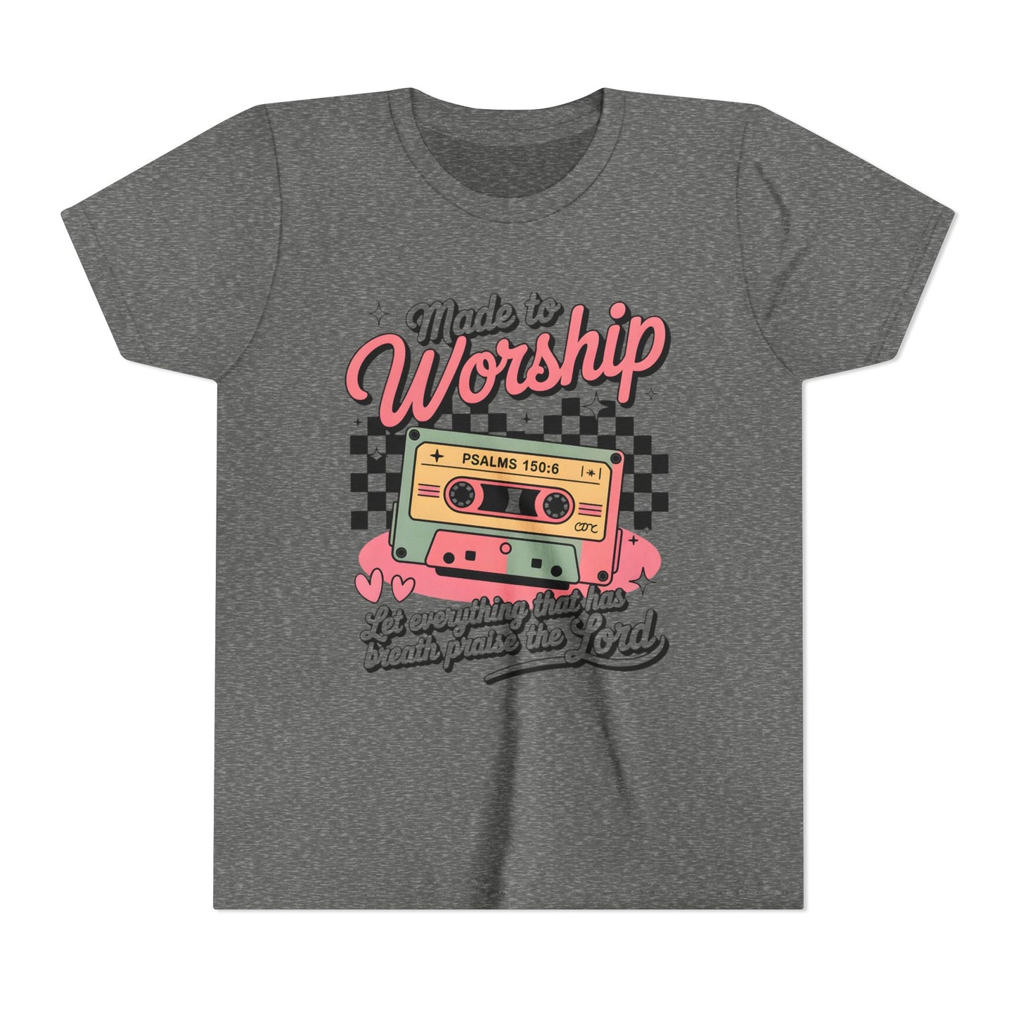 Made to Worship Youth Tee – Retro Cassette Christian Kids Shirt (Psalms 100:4)