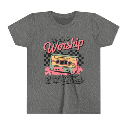 Made to Worship Youth Tee – Retro Cassette Christian Kids Shirt (Psalms 100:4)