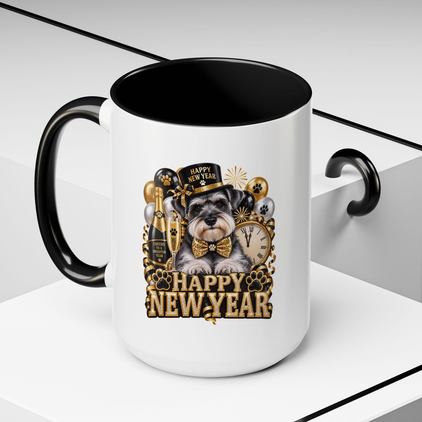 Happy New Year Dog Coffee Mug — Festive Black & Gold 11/15oz Accent Mug