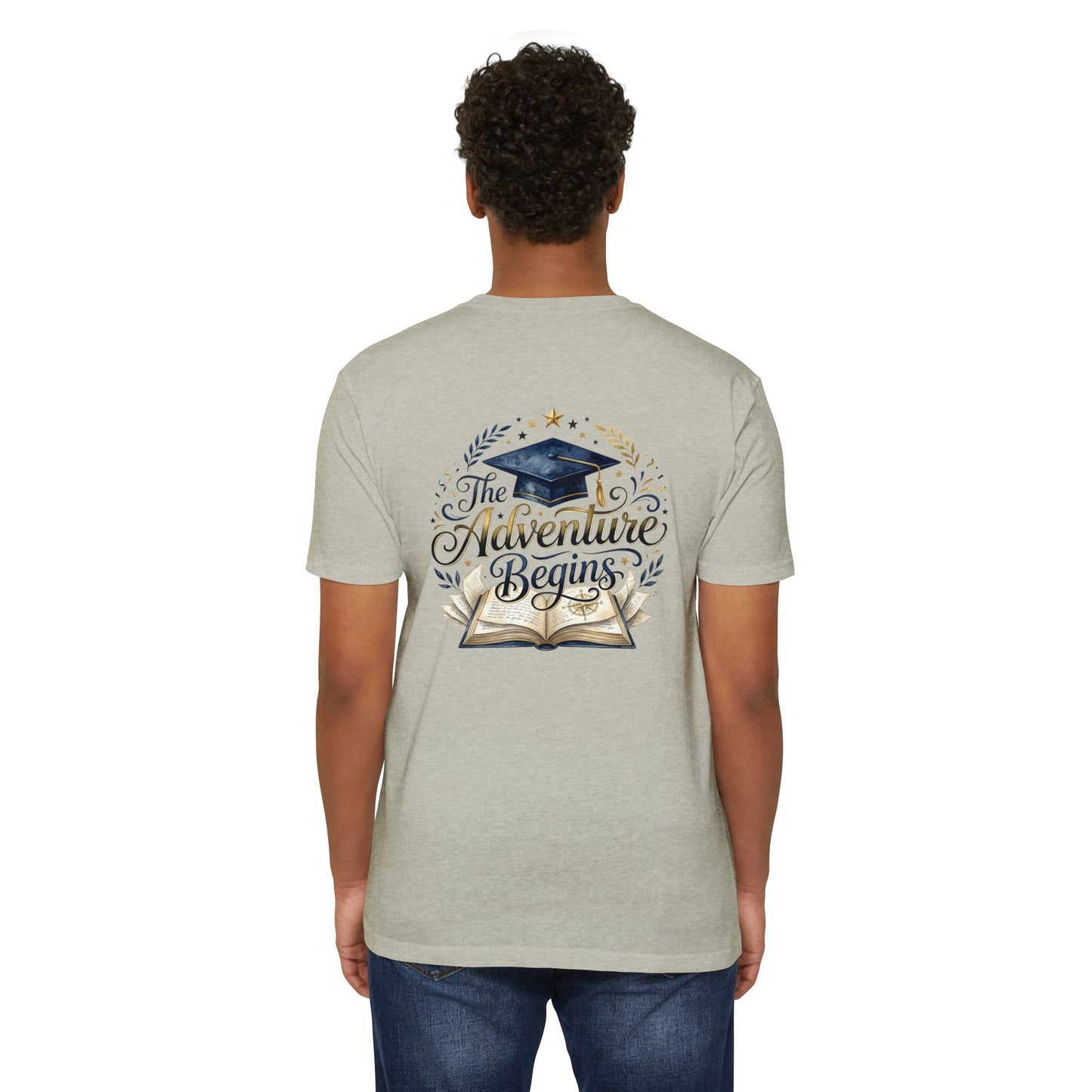 Graduation T-Shirt — "The Adventure Begins" Cap & Book Design