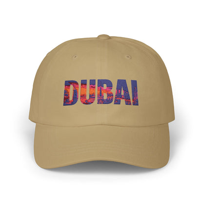 Dubai Dad Cap — White Classic Baseball Hat with Dubai Skyline Text