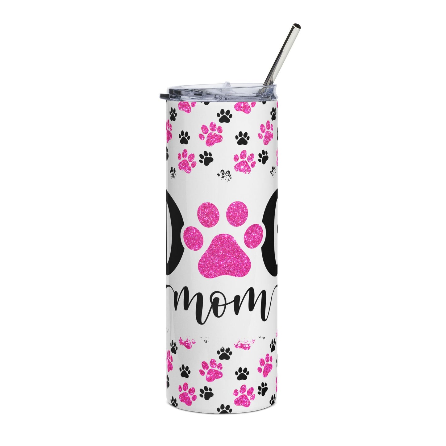 Dog Mom Stainless Steel Tumbler 20oz — Pink Paw Print Travel Cup