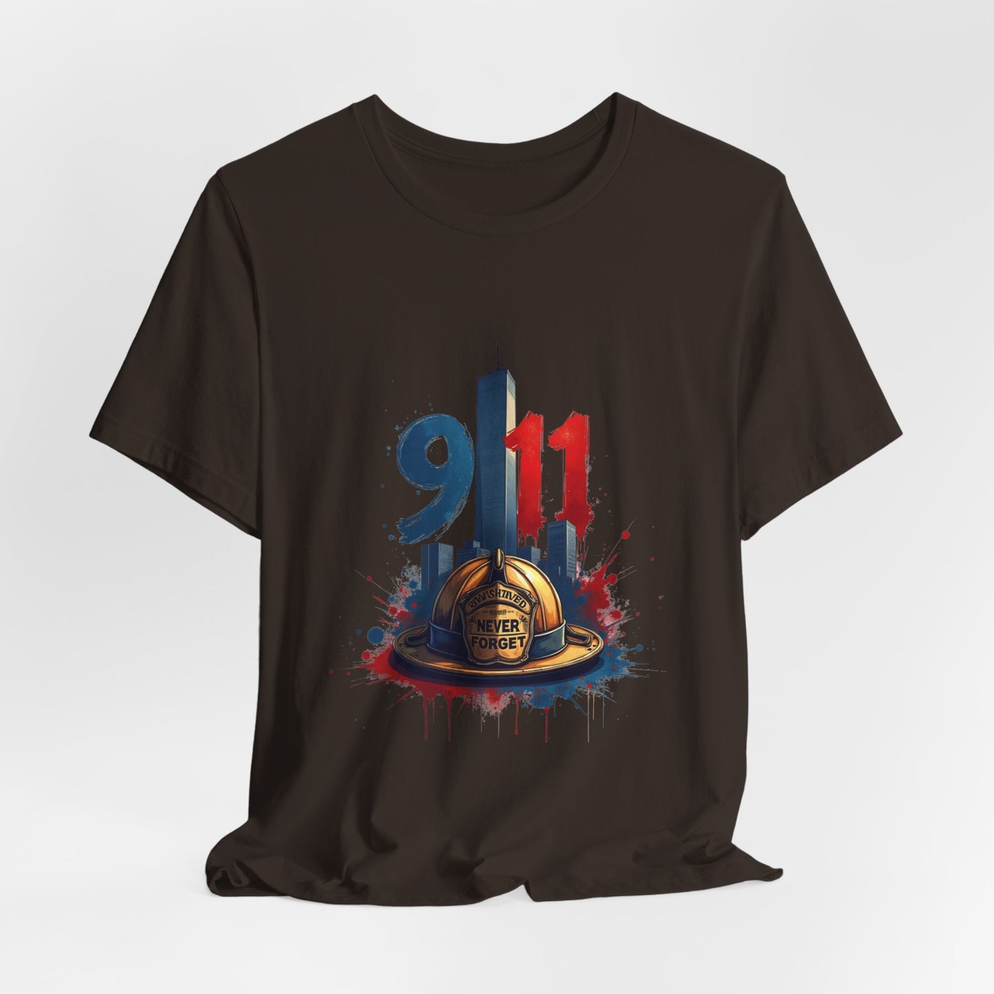 9/11 Firefighter Memorial Tee — Tribute T-Shirt with Helmet & Twin Towers Design