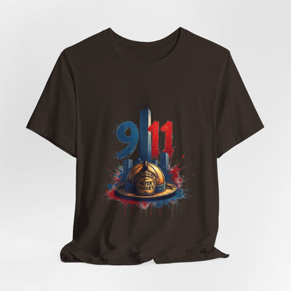 9/11 Firefighter Memorial Tee — Tribute T-Shirt with Helmet & Twin Towers Design