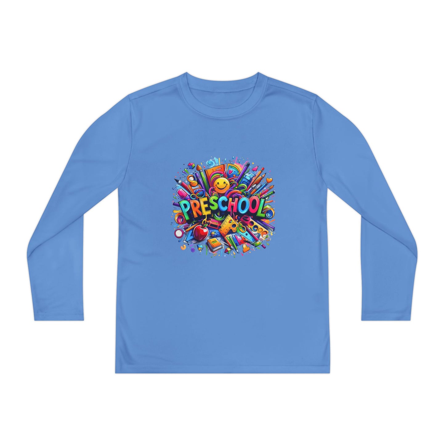 Youth Preschool Long Sleeve Tee - Colorful School Supplies Design