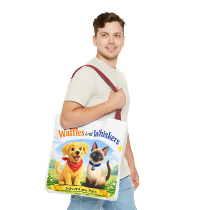Waffles & Whiskers Adventure Pals Tote Bag — Cute Puppy and Kitten Kids Book Design