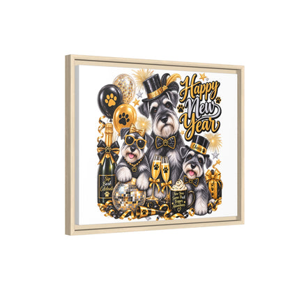 Happy New Year Schnauzer Holiday Canvas Print — Framed Matte Wall Art