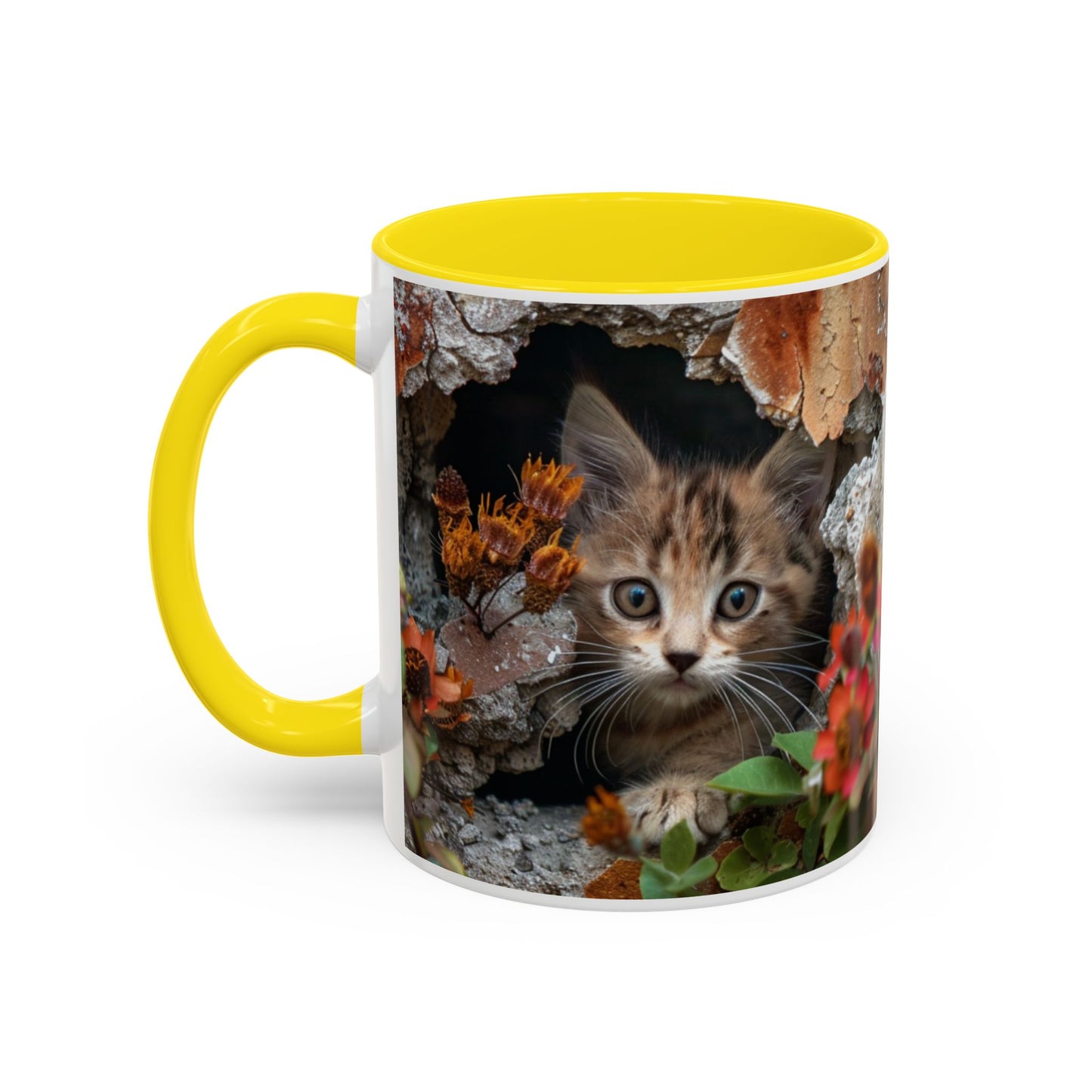 Cute Kitten Peek Accent Coffee Mug — Tabby Cat Floral 11/15oz