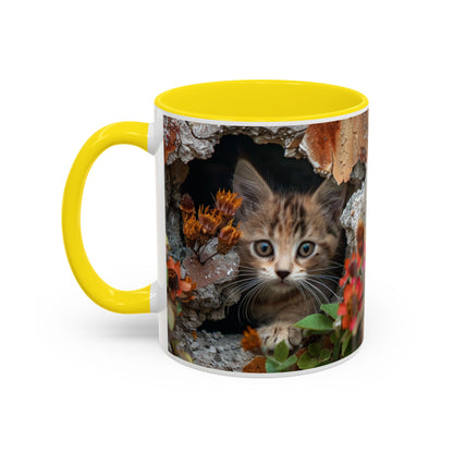 Cute Kitten Peek Accent Coffee Mug — Tabby Cat Floral 11/15oz