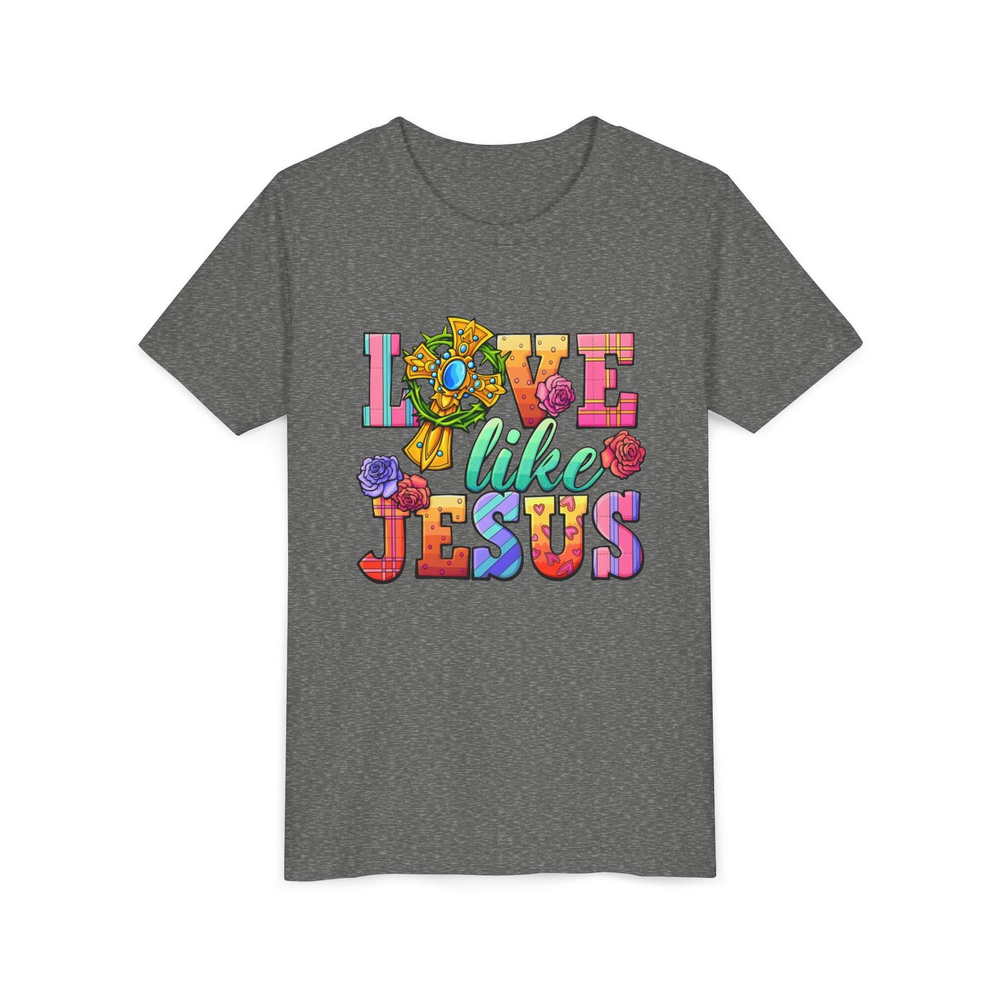 Youth Tee — "Love Like Jesus" Colorful Faith Graphic