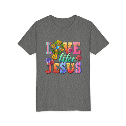 Youth Tee — "Love Like Jesus" Colorful Faith Graphic