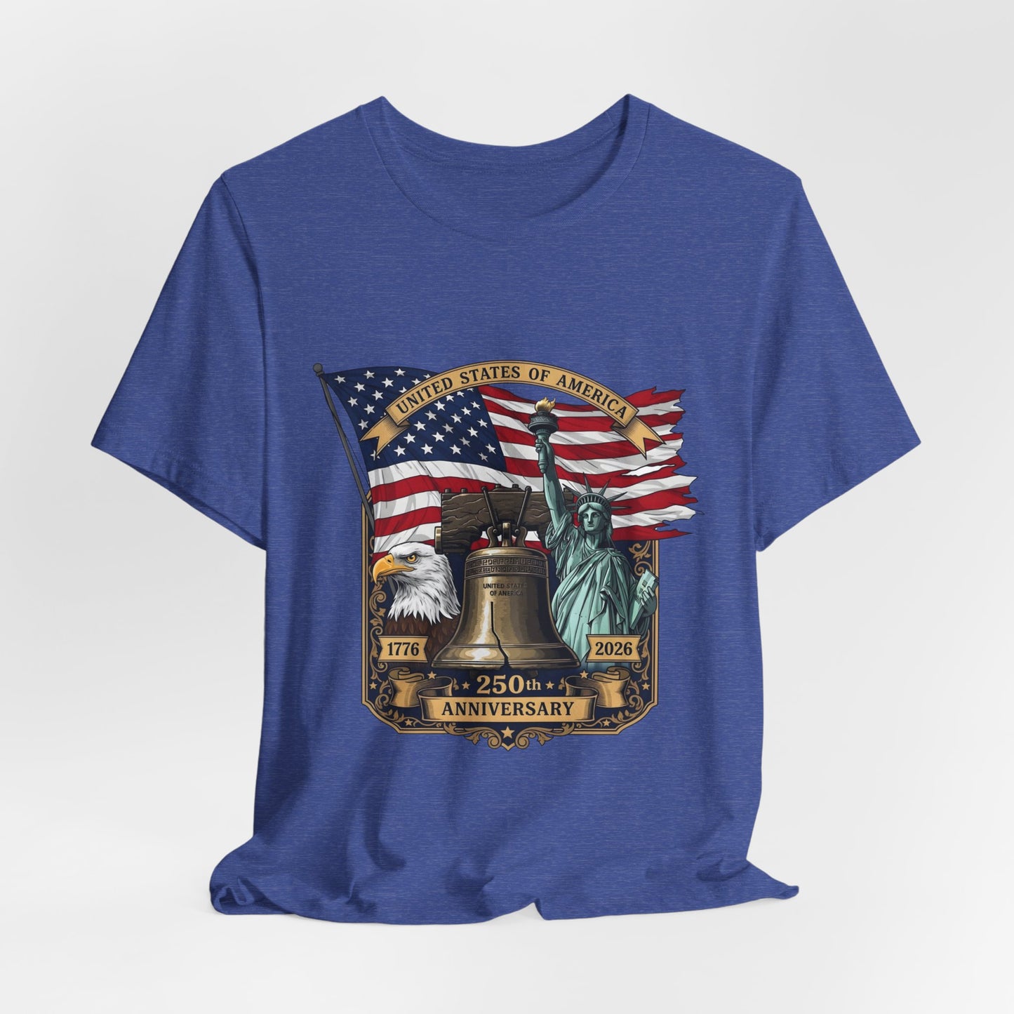 Liberty 250th Anniversary T-Shirt — American Flag, Liberty Bell & Statue of Liberty Tee