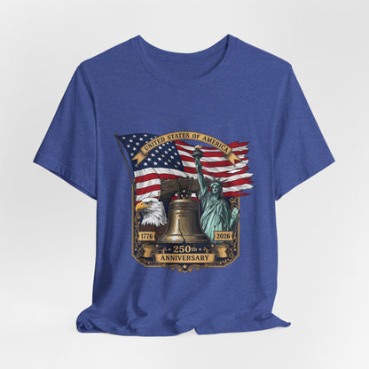 Liberty 250th Anniversary T-Shirt — American Flag, Liberty Bell & Statue of Liberty Tee
