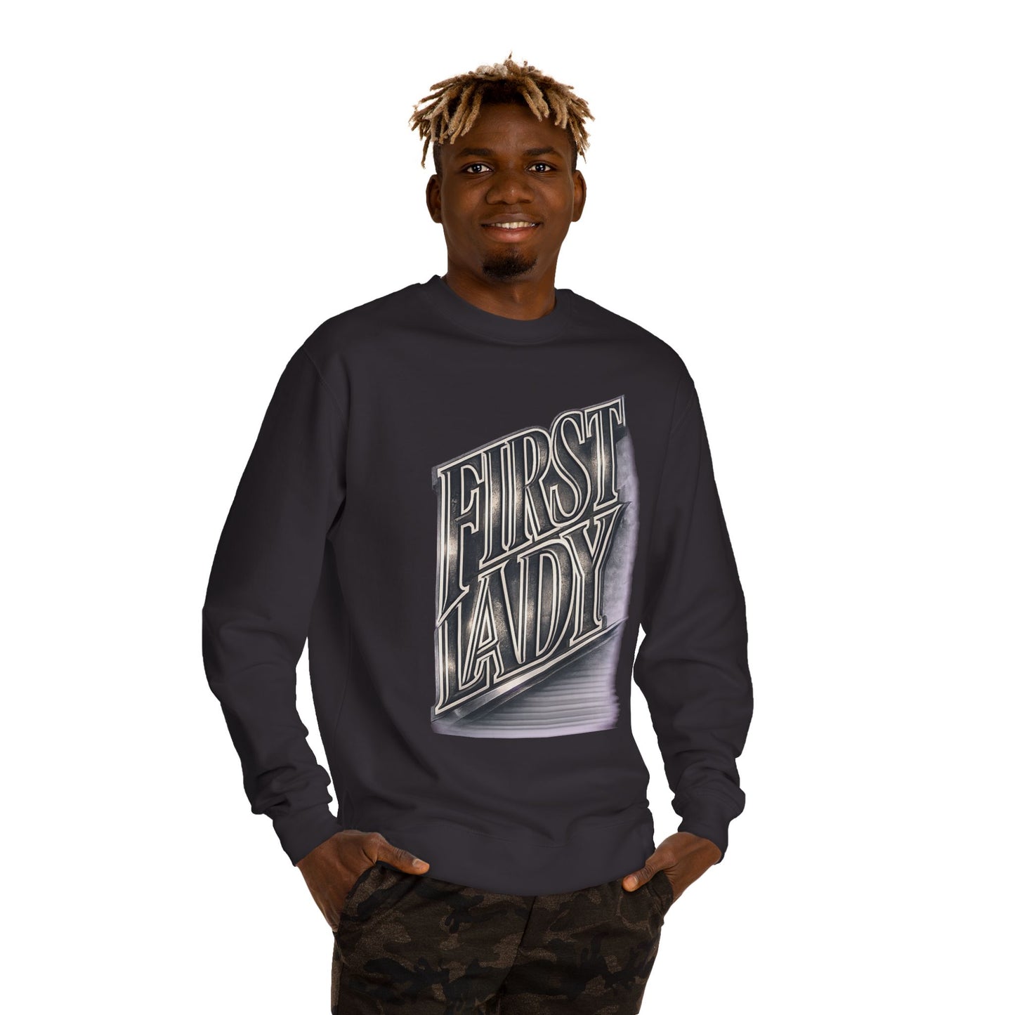 First Lady Graphic Sweatshirt — Retro Metallic Typography Crewneck
