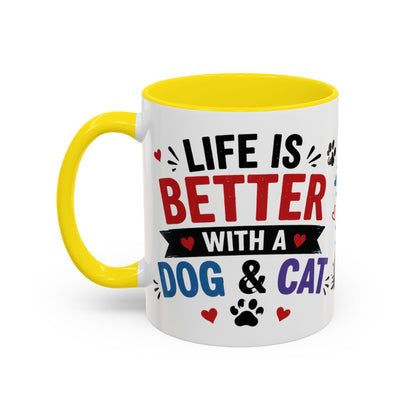 Dog and Cat Coffee Mug – "Life is Better with a Cat" Accent Ceramic Mug