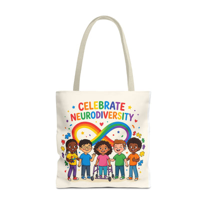 Celebrate Neurodiversity Tote Bag — Rainbow Infinity Symbol with Diverse Kids